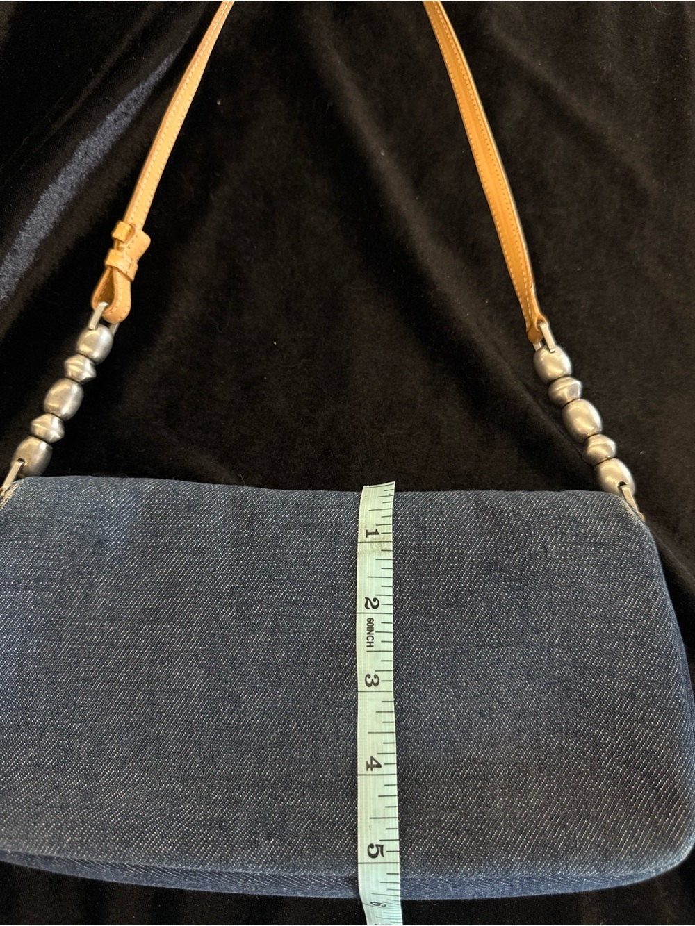 Vintage Dior Blue Denim Shoulder Bag with Tan Strap and Silver Accents - Picture 9 of 13